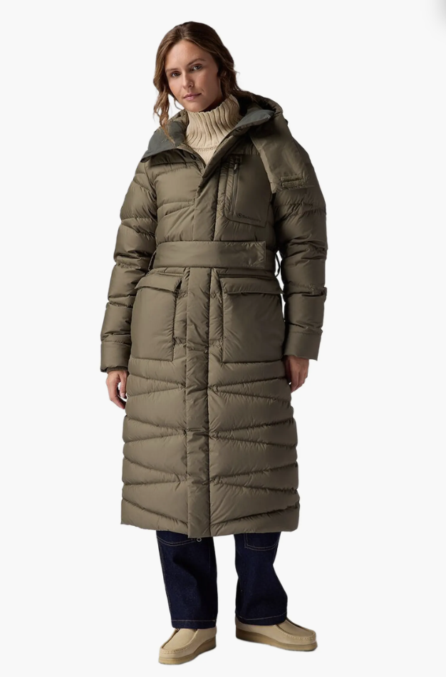 Black full-length Backcountry Stansbury hooded down parka with belt