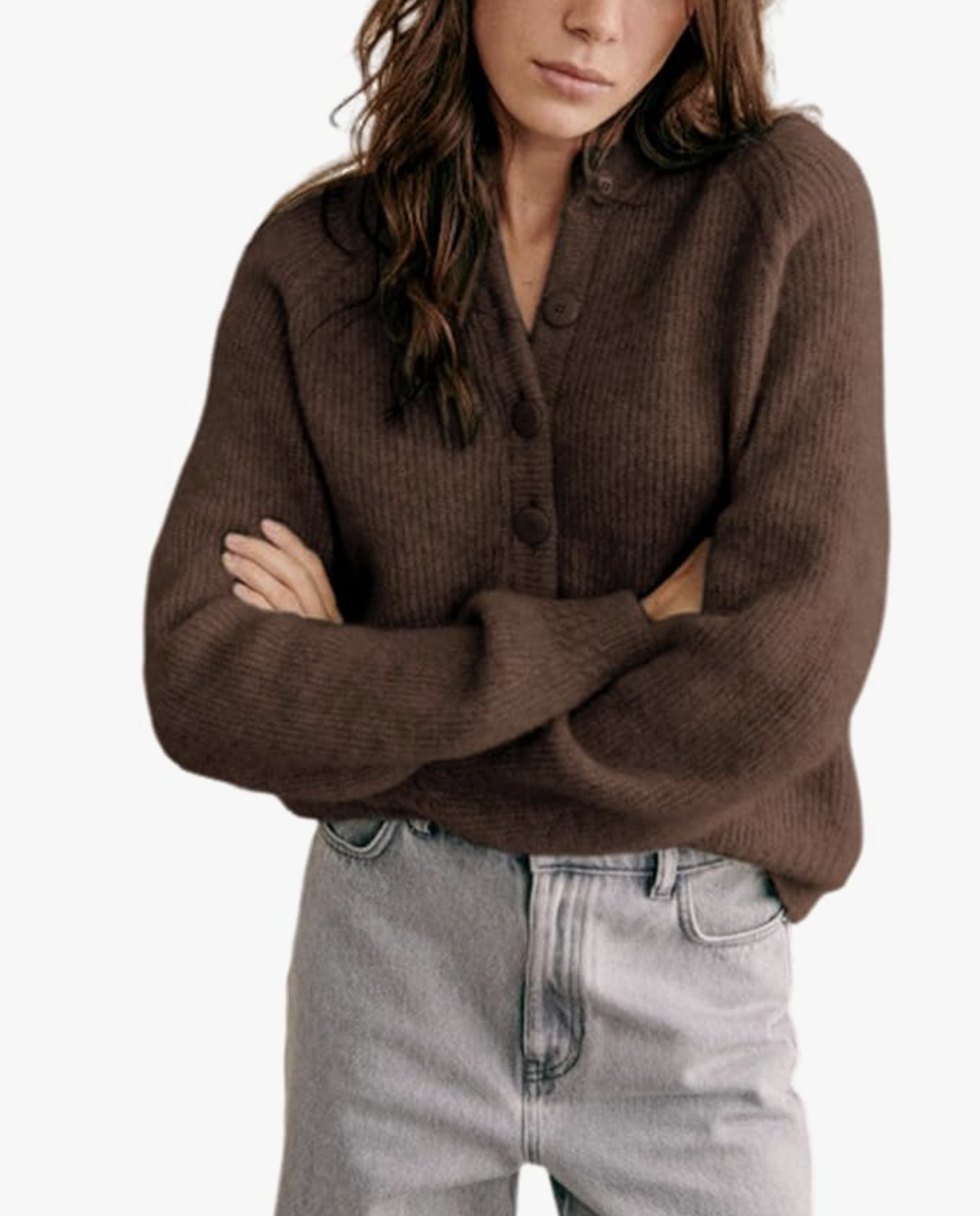 A pro stylist-recommended brown casual long sleeve crewneck button-down sweater styled with light-wash jeans for a comfortable, bulk-free layered look.