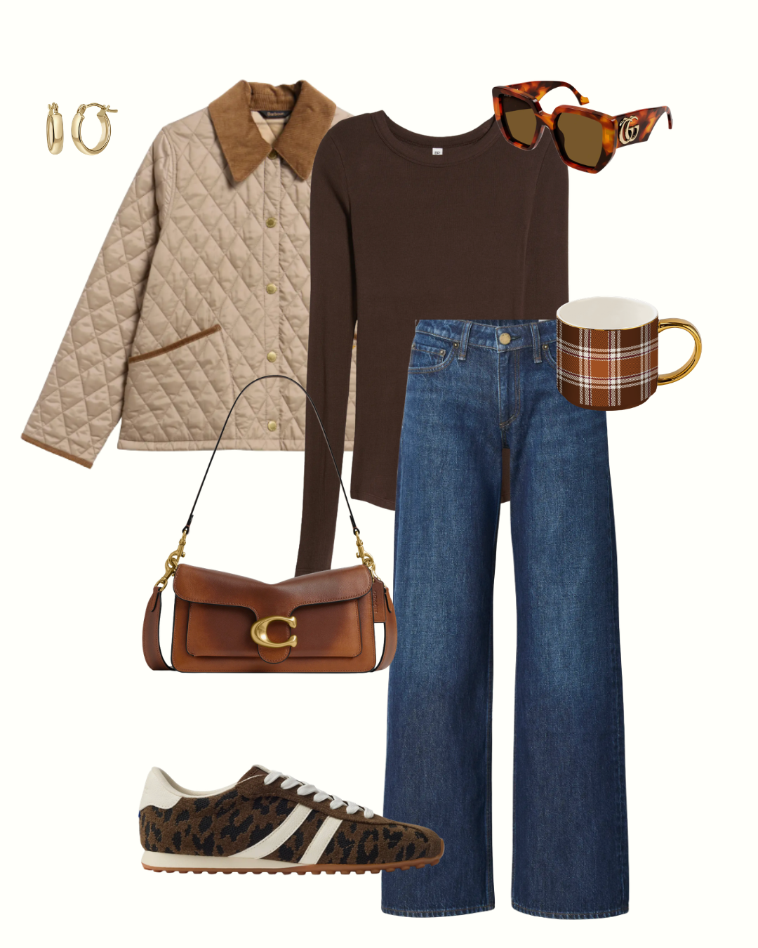 Flat lay of a tan barn jacket, brown fitted tee, straight-leg jeans, gold hoop earrings and retro sneakers for a pumpkin patch outfit