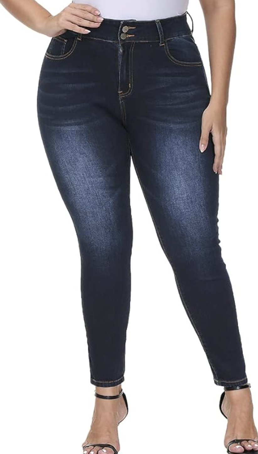 Review of the best Amazon anti-pooch stretchy jeans for apron belly and tummy control.