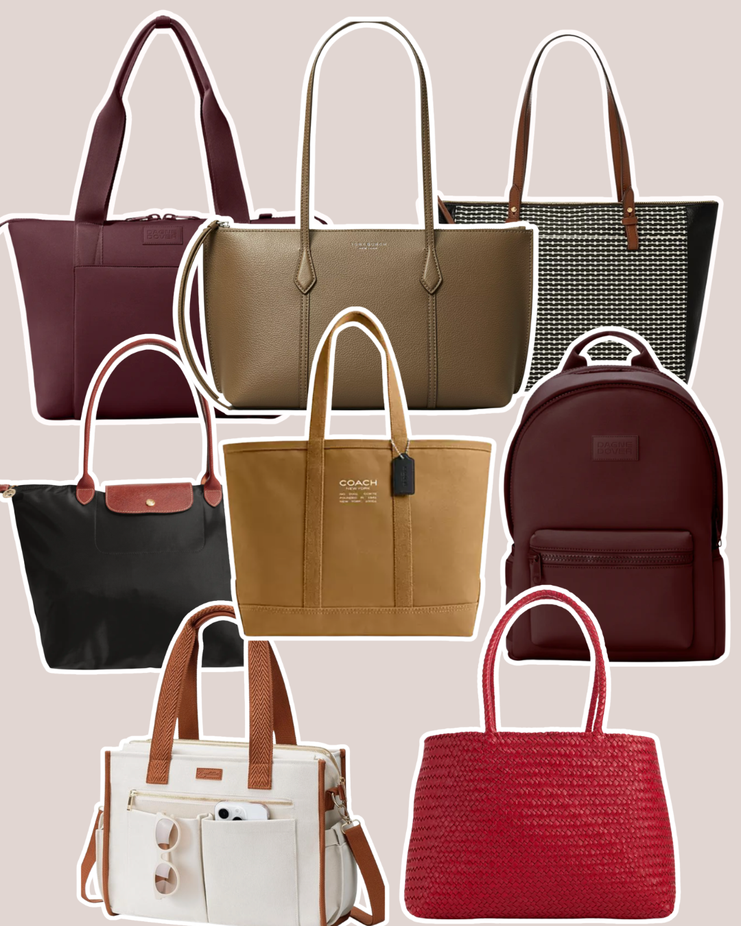 Collage of professional work bags for women including a black Longchamp tote, a tan Coach utility bag, a burgundy Dagne Dover backpack, and a Tory Burch Perry tote.