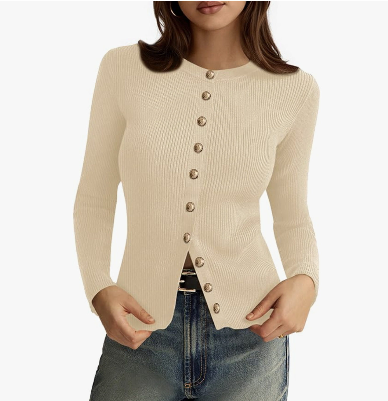 ng Sleeve Button up Ribbed Knit Top