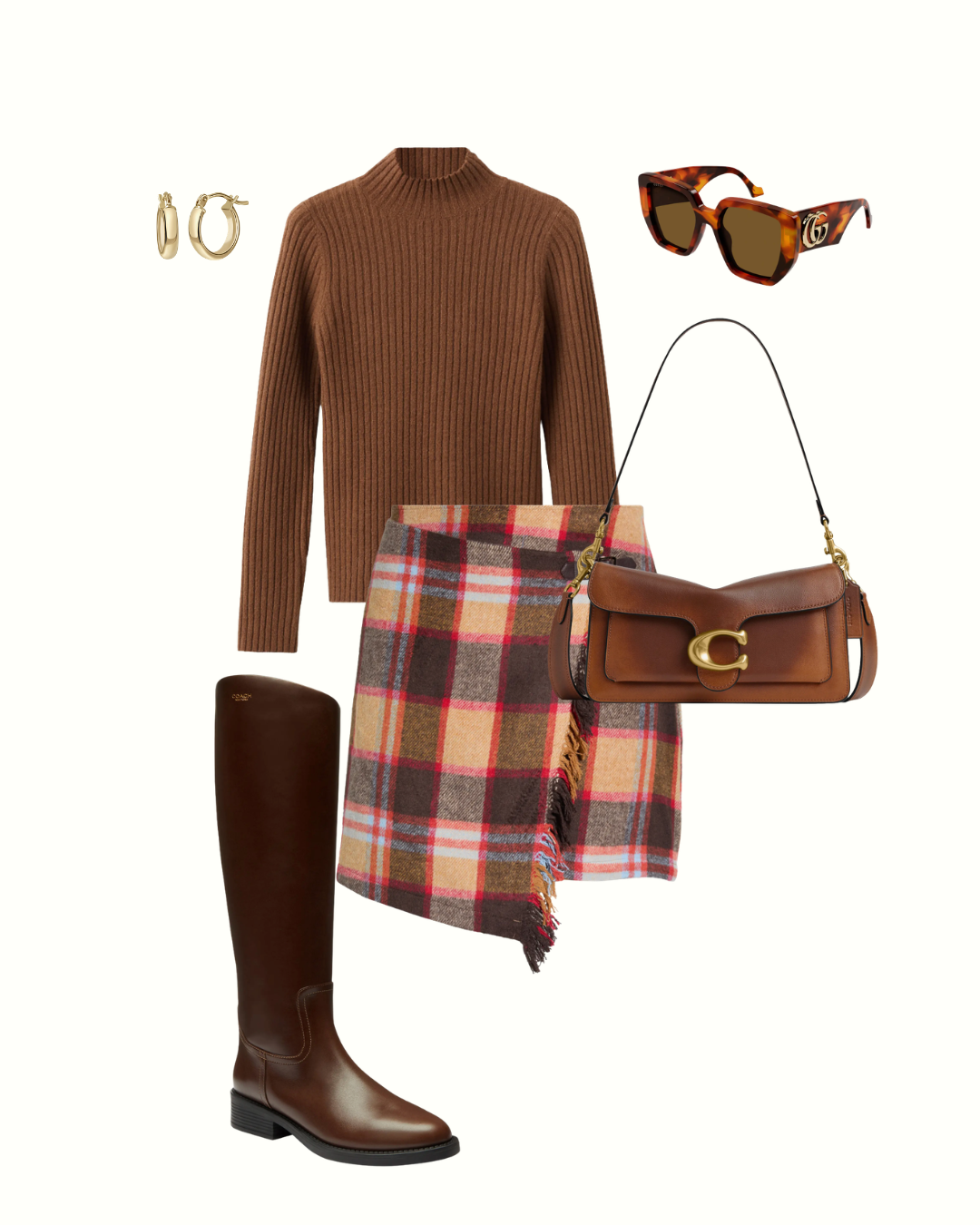 Flat lay of a plaid skirt, brown turtleneck sweater, tall boots and a brown leather bag for a pumpkin patch outfit