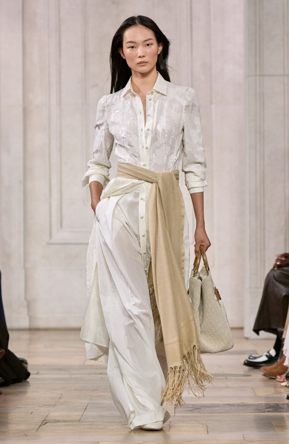 Scarf worn at the waist in a Ralph Lauren spring 2027 runway look.