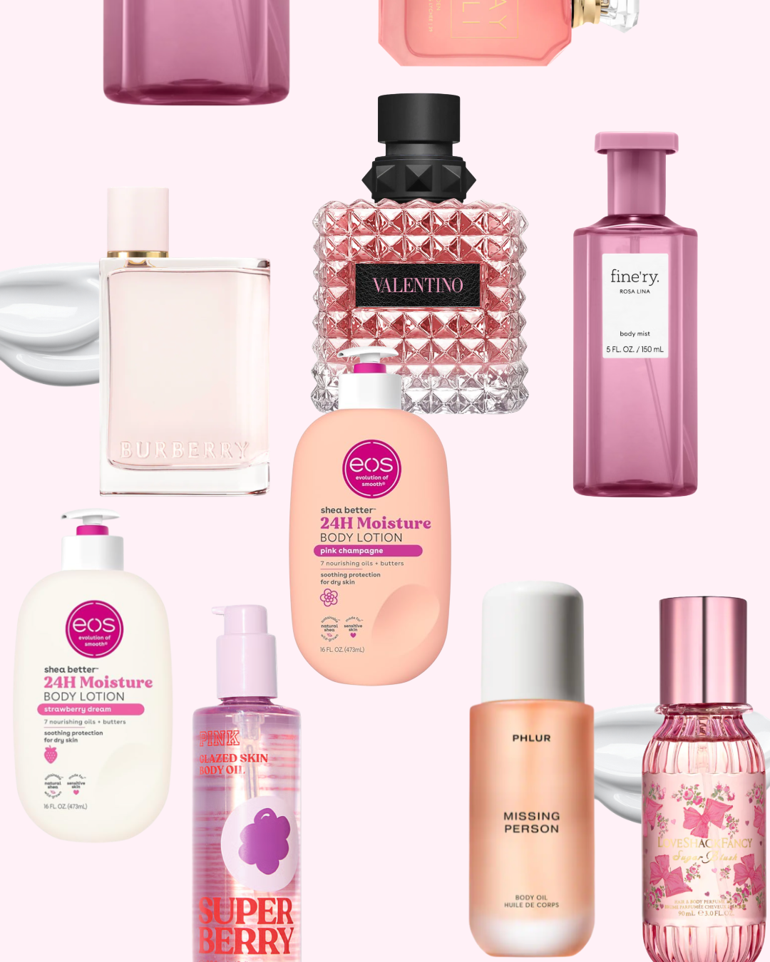 A collage of beauty products for fragrance layering, featuring EOS Vanilla Cashmere and Strawberry Dream lotions, Valentino Born in Roma perfume, Burberry Her perfume, and various body oils on a white background.