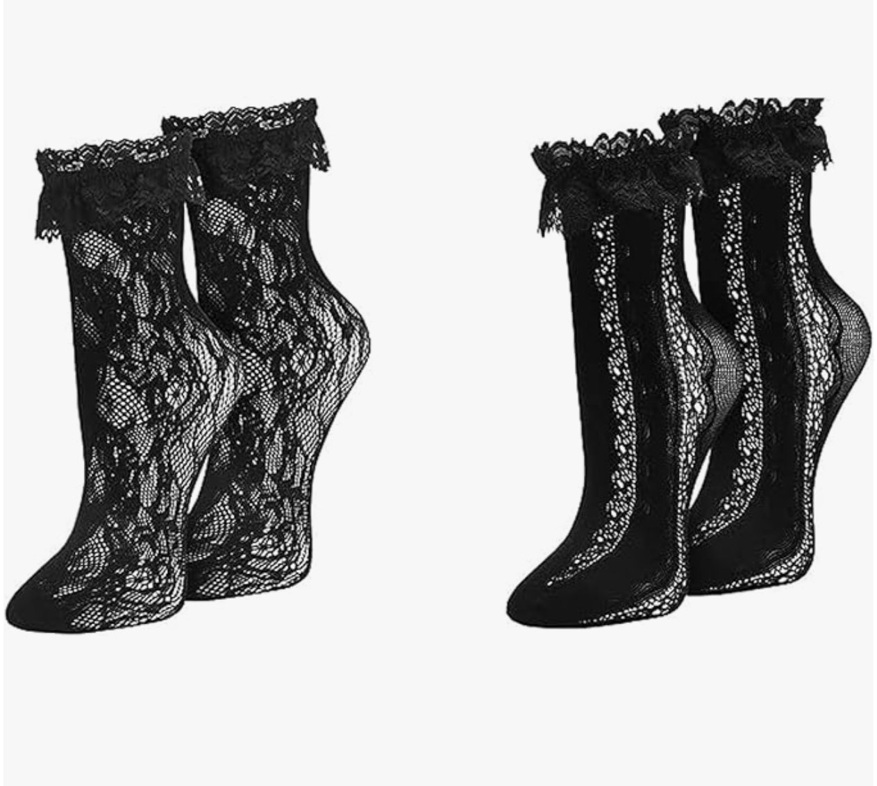 A pair of sheer black ankle socks with an intricate floral lace pattern and a delicate ruffled trim at the top.