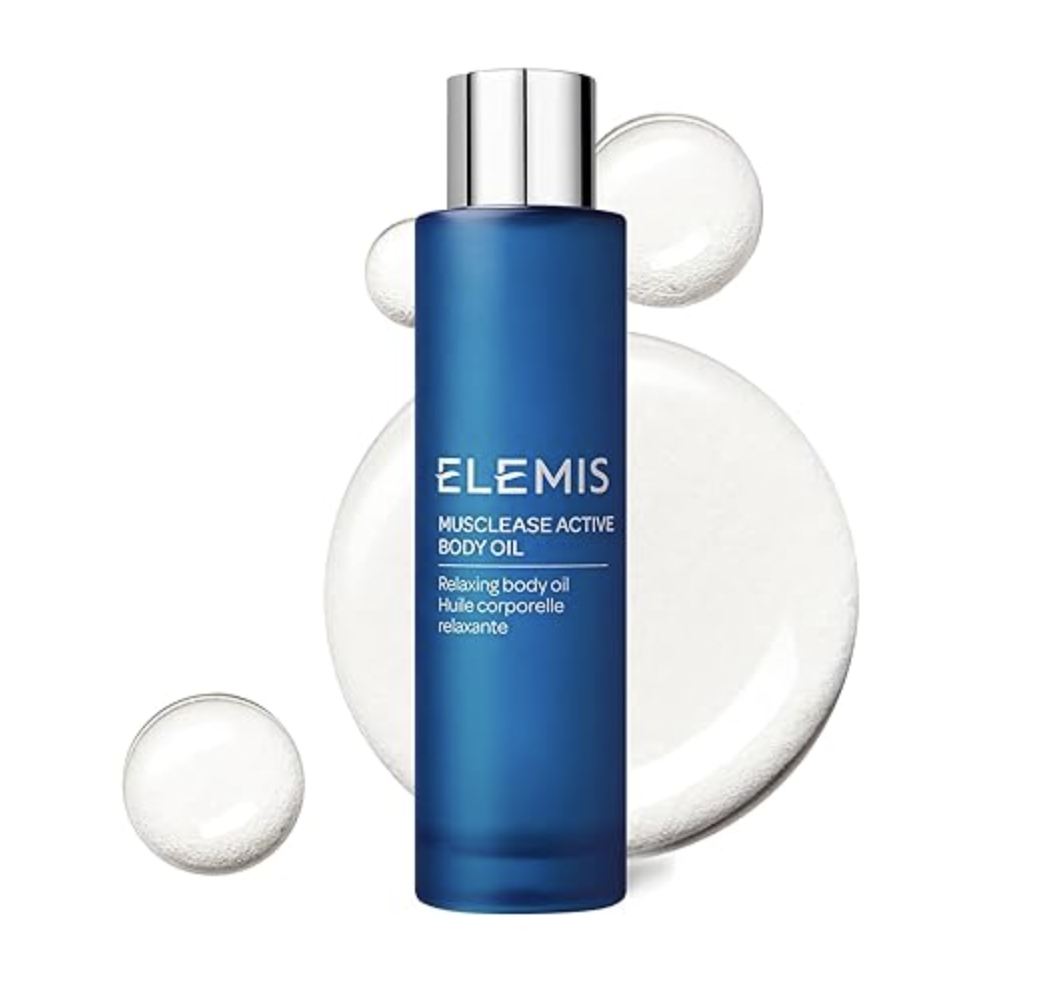 Elemis Musclease Active Body Oil in a blue glass bottle, a relaxing body treatment for tired and aching muscles.
