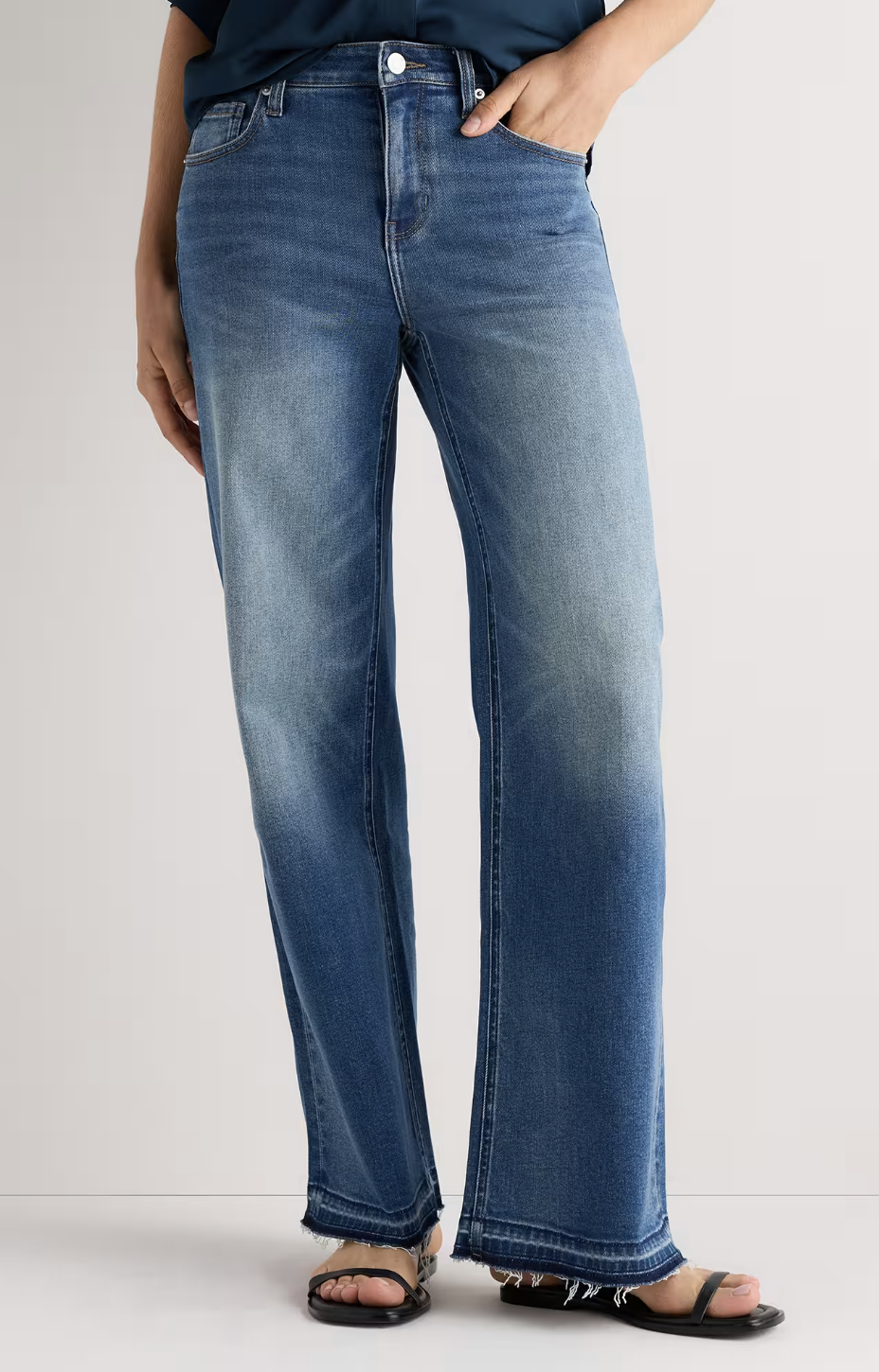 Quince stretch high-rise wide leg jeans in vintage blue with released hem