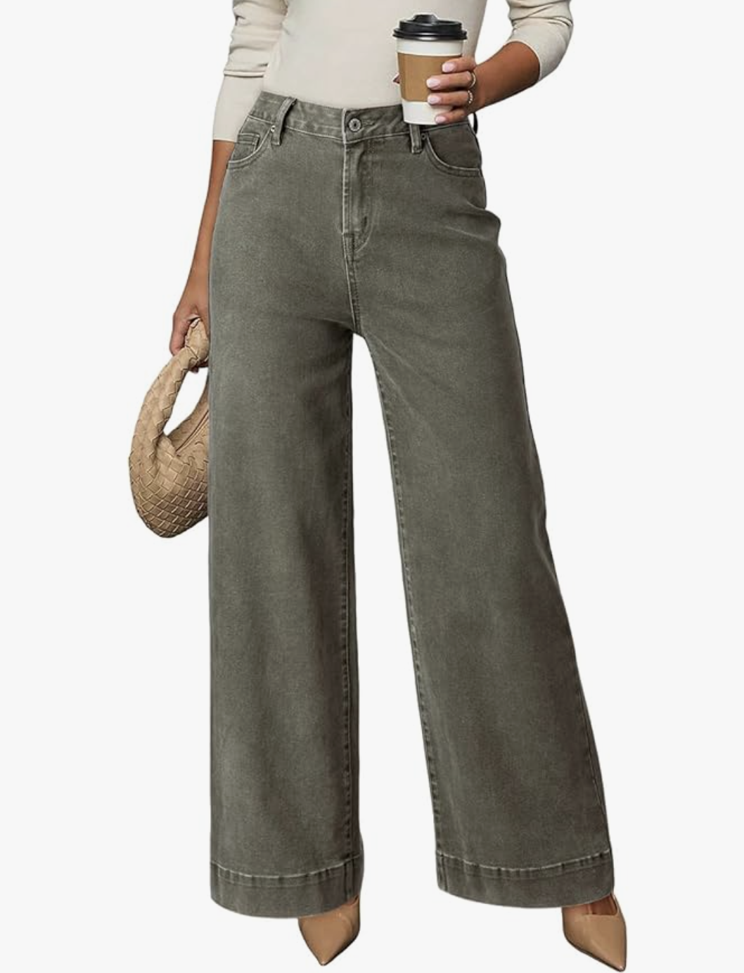 Professional stylist's pick for Dokotoo High Waist Baggy Cargo Jeans in a vintage grey wash, styled with a white long-sleeve top and a woven handbag for a trendy 2026 look.