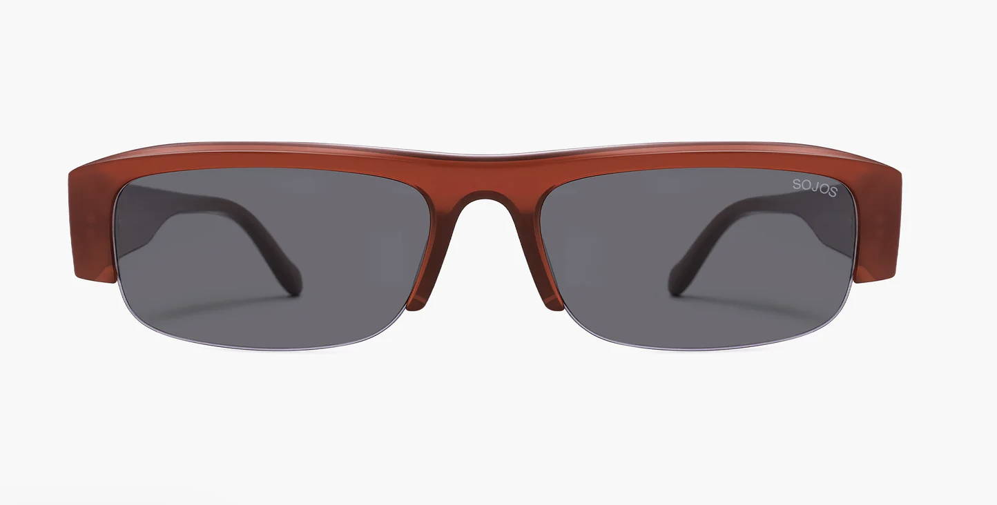 A pair of Sojos Eyewear slim rectangular sunglasses featuring a dark red tortoise shell frame and solid grey lenses, shown against a white background.