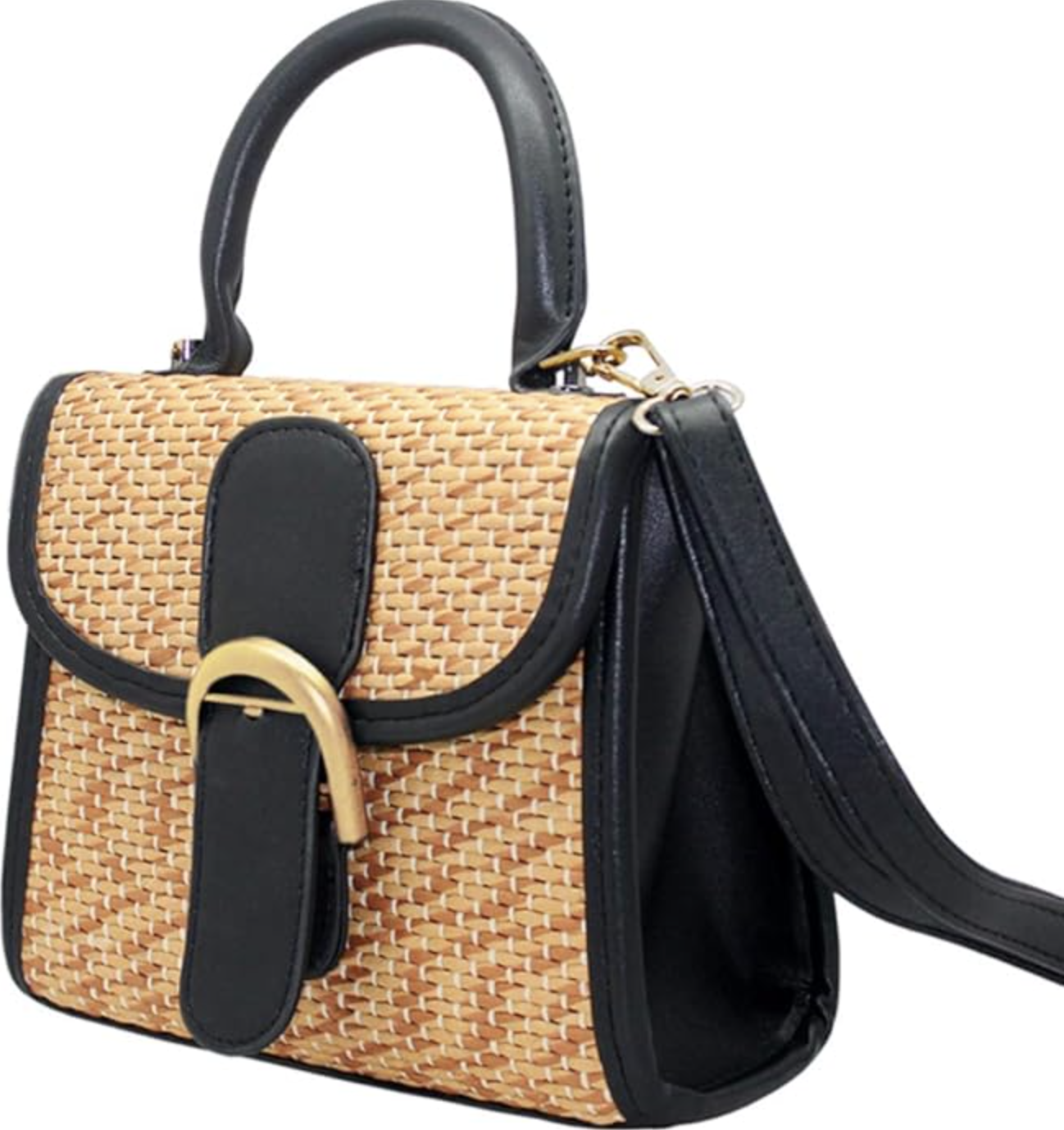 A vintage-style rectangular handbag with a straw woven body, black leather side panels, and a polished natural bamboo top handle.