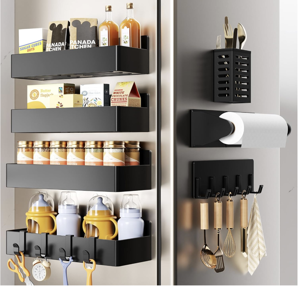 Magnetic shelves adding storage to the side of a refrigerator