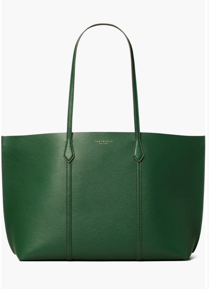 A structured forest green pebbled leather tote bag with double shoulder straps.