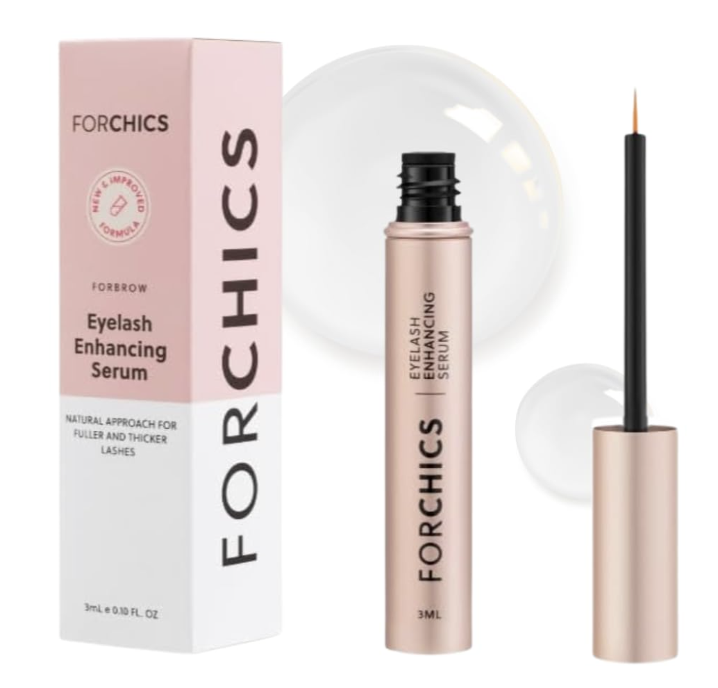 White and pink tube of ForChics Eyelash Enhancing Serum shown next to its fine-tip applicator brush against a background of water bubbles.