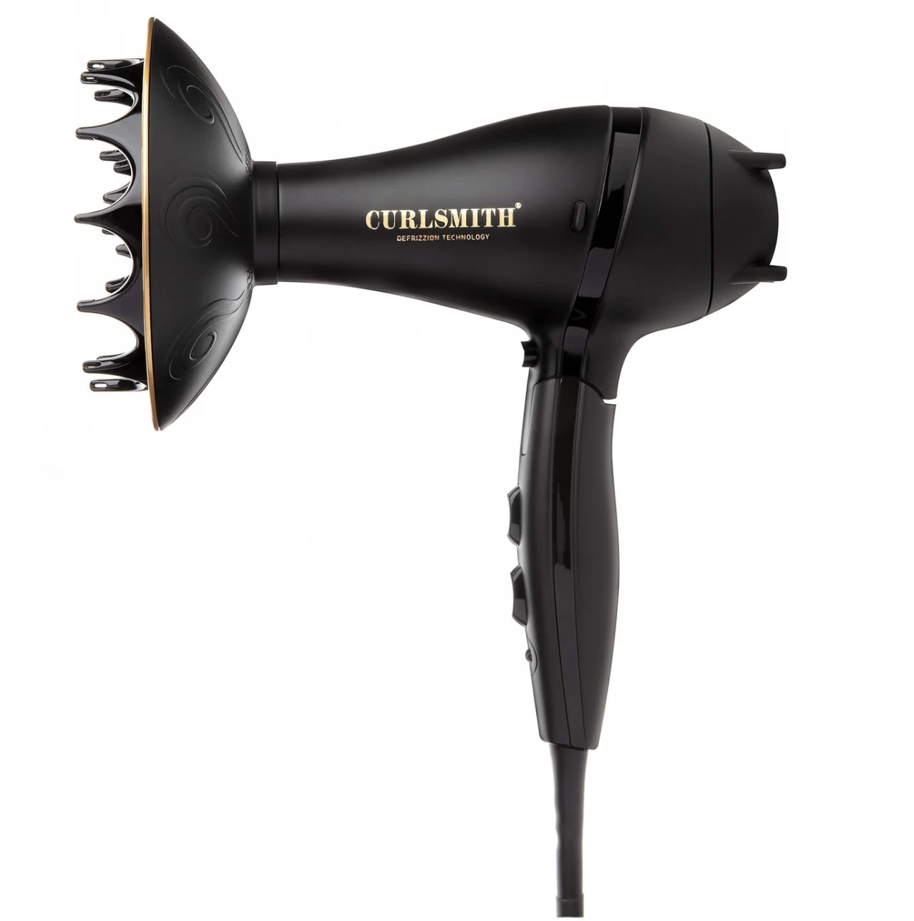 Curlsmith Defrizzion hair dryer with oversized diffuser for long, dense curls.