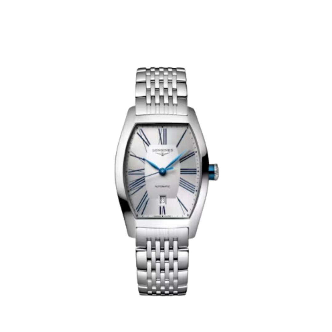 A Longines Evidenza women's automatic watch featuring a distinctive tonneau (barrel) shaped stainless steel case, a silver "flinqué" dial with blue Roman numeral markers, and a matching multi-link stainless steel bracelet.