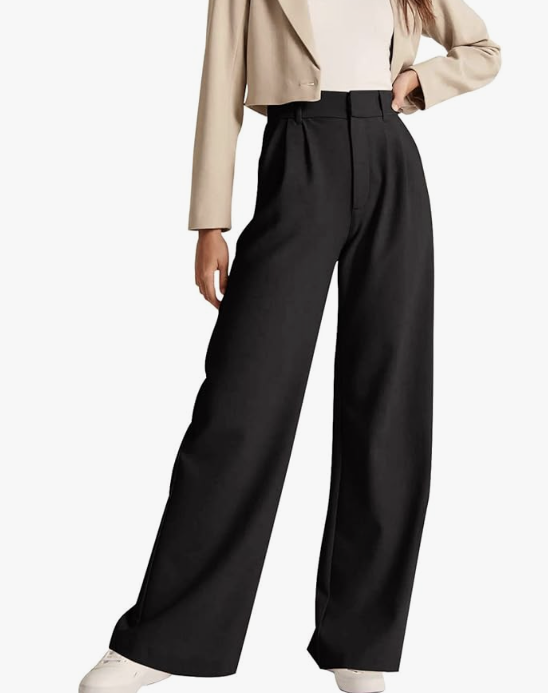 A pair of black high-waisted wide leg work pants from Amazon, styled with a bodysuit to smooth the midsection and create a professional look for a big belly.