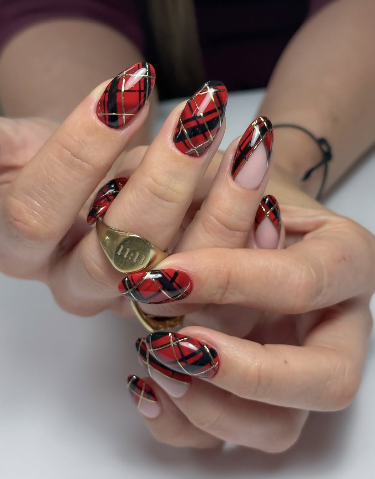 Red plaid accent nail art design