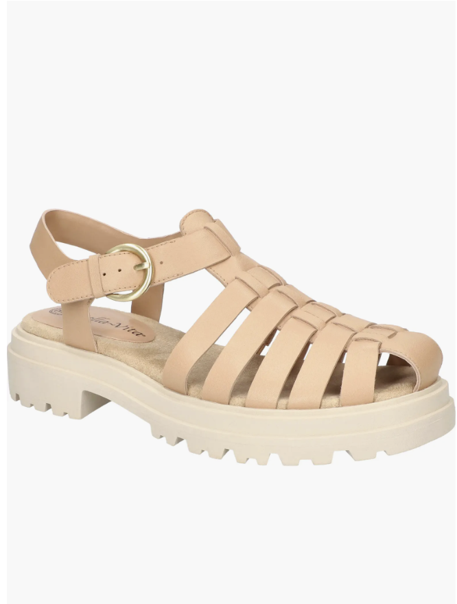 Close-up of the Bella Vita Sinclaire Fisherman Sandal in tan leather featuring a caged strap design, ankle buckle closure, and a chunky cream lug sole.