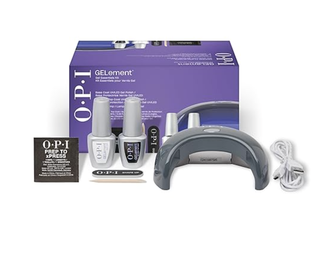 he OPI GELements Starter Essentials Kit featuring the OPI LED lamp, base coat, top coat, and professional gel nail prep supplies.