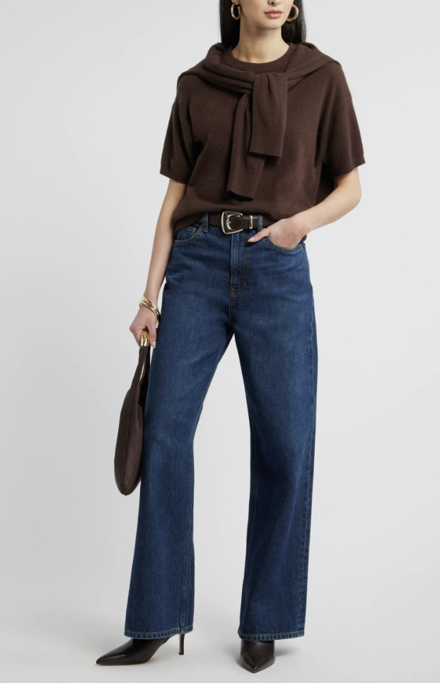 Nordstrom camel short-sleeve cashmere sweater for early fall outfits