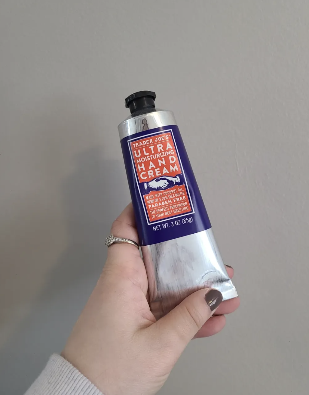 Trader Joe's seasonal hand cream beside a sink