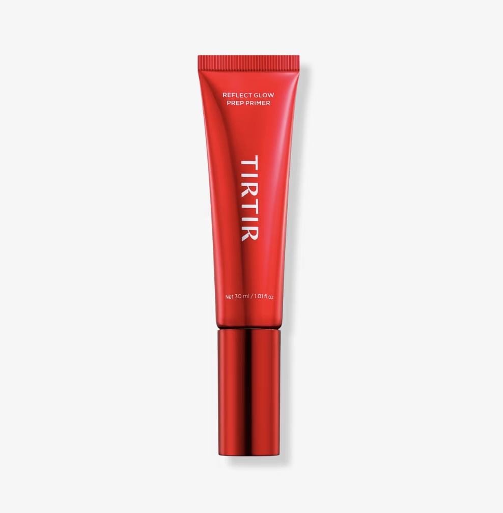 Augustinus Bader x TIRTIR The Reflect Glow Prep Primer in a sleek red squeeze tube with a metallic red cap.