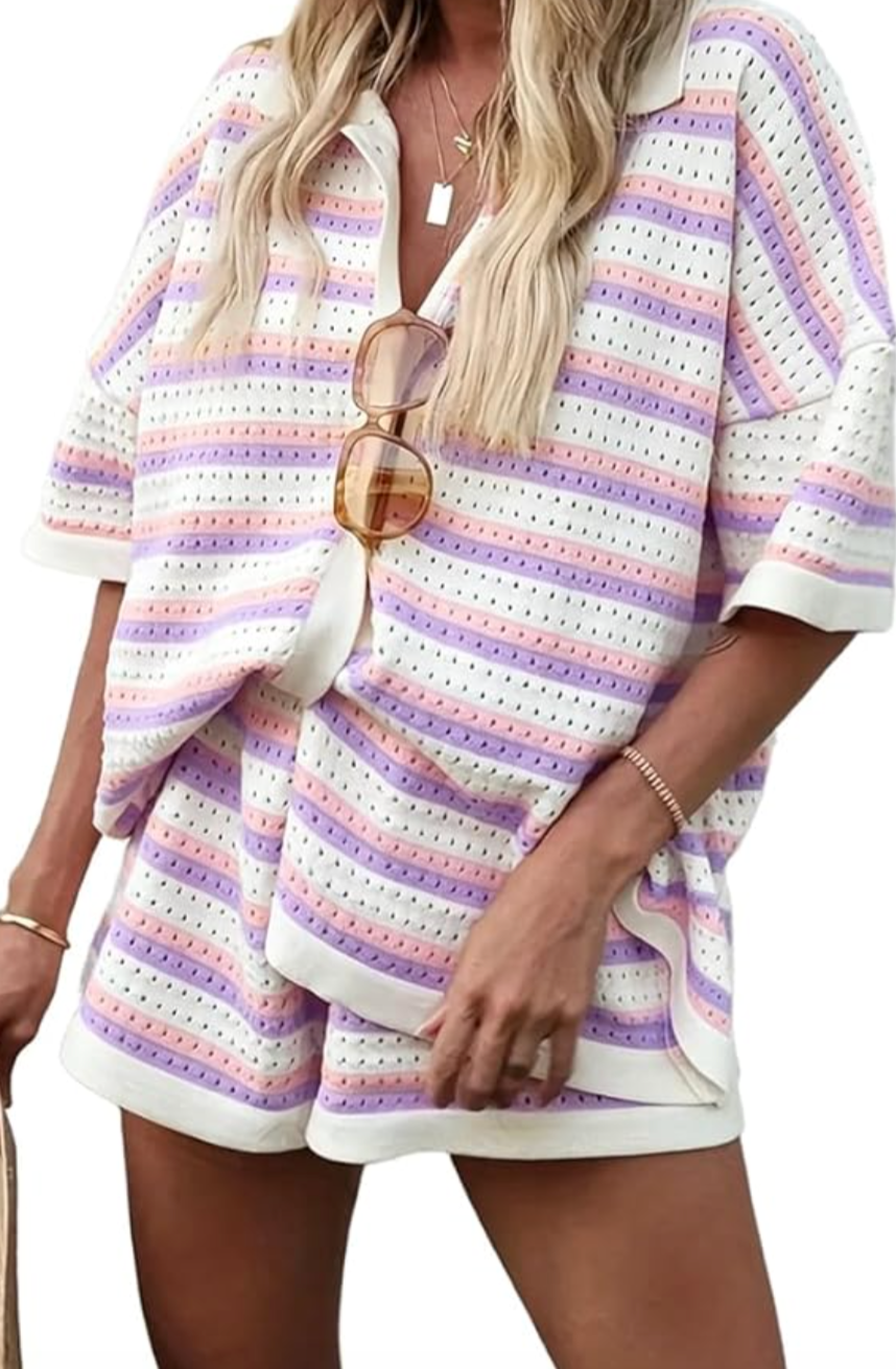 Woman wearing a pastel striped knit shorts and top matching set — a cute and easy summer outfit for moms