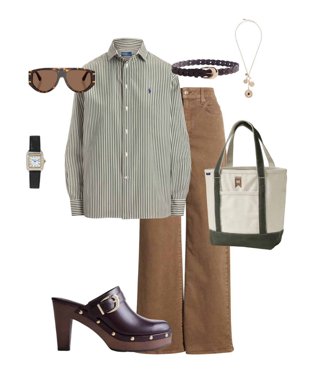 Cocoa brown jeans with a striped button-down and red flats
