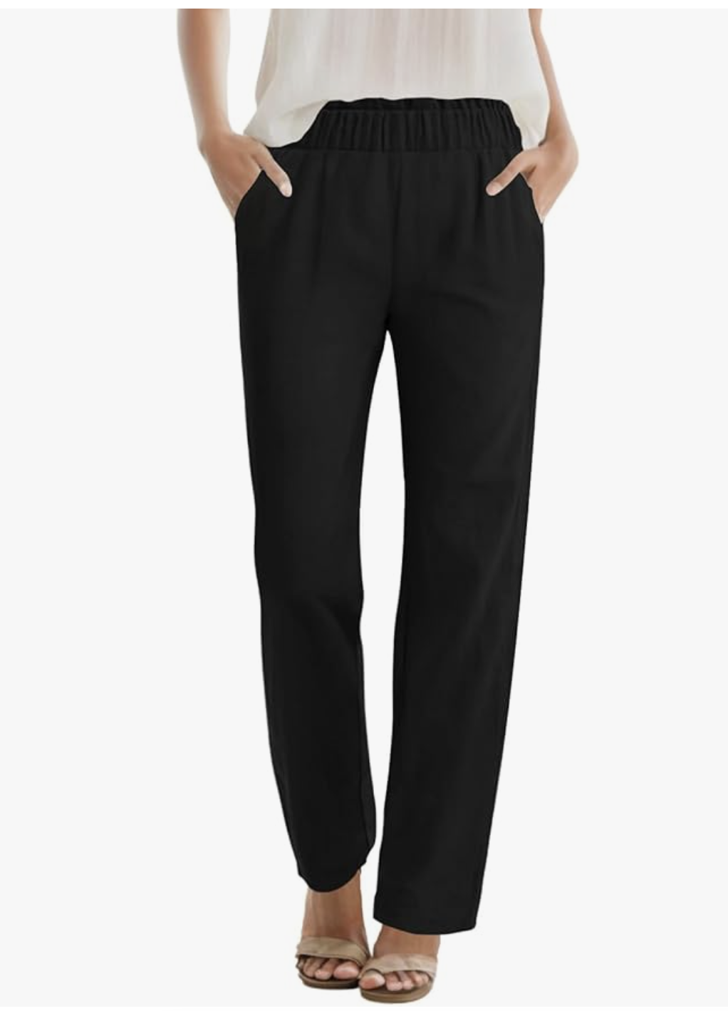 A studio product shot of a pair of black high-waisted linen trousers from Amazon, featuring a relaxed wide-leg fit and side pockets.