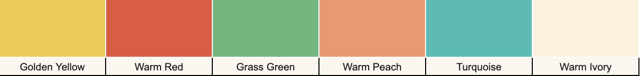 A color palette for the True Spring season featuring clear, warm shades of golden yellow, warm red, grass green, peach, turquoise, and ivory.
