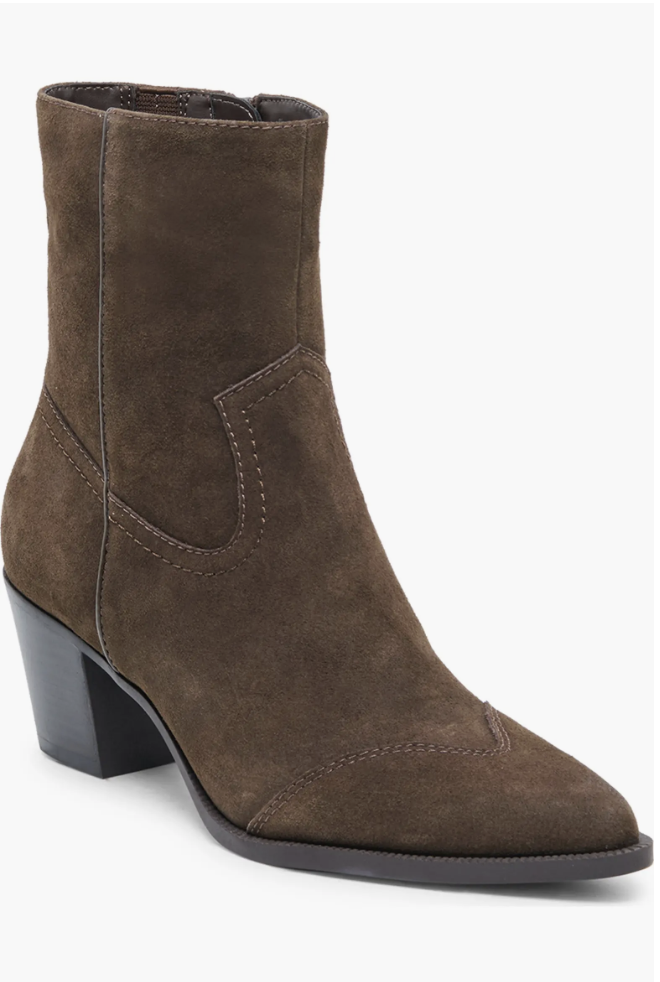 Dark brown suede ankle boot with a block heel and pointed toe set on a white background.