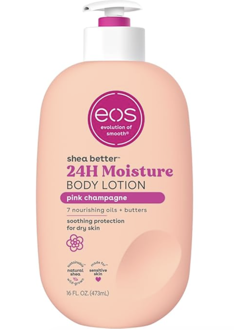 A 16 fl oz bottle of eos Shea Better 24H Moisture Body Lotion in the Pink Champagne scent, featuring a light pink pump bottle and descriptive text for dry skin.