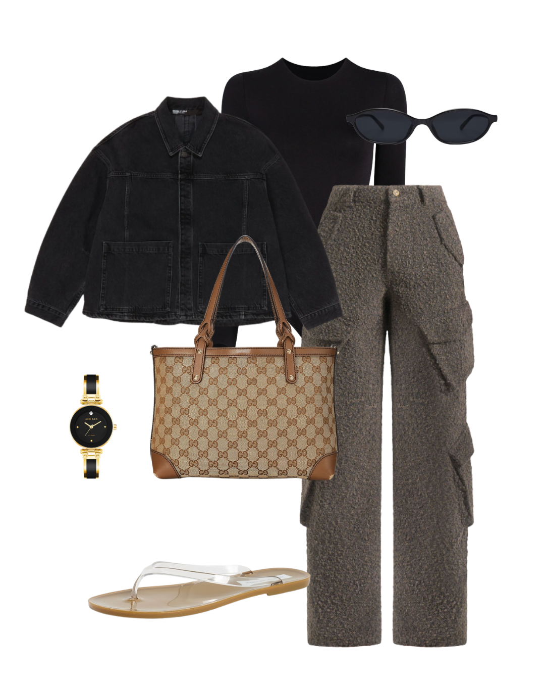 Flat lay outfit grid featuring a black denim jacket, black long-sleeve top, textured grey wool trousers, clear strap flat sandals, monogram patterned shoulder tote, gold watch, and sunglasses.