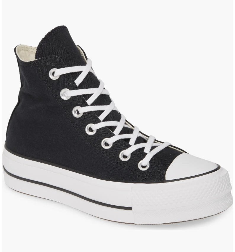 A pair of black high-top Converse Chuck Taylor All Star Move platform sneakers, featured as comfortable and classic work sneakers for a creative office.