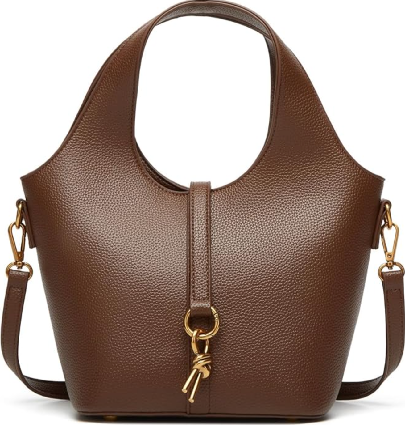 A structured brown vegan leather hobo bucket bag with a gold ring detail and a removable crossbody strap.