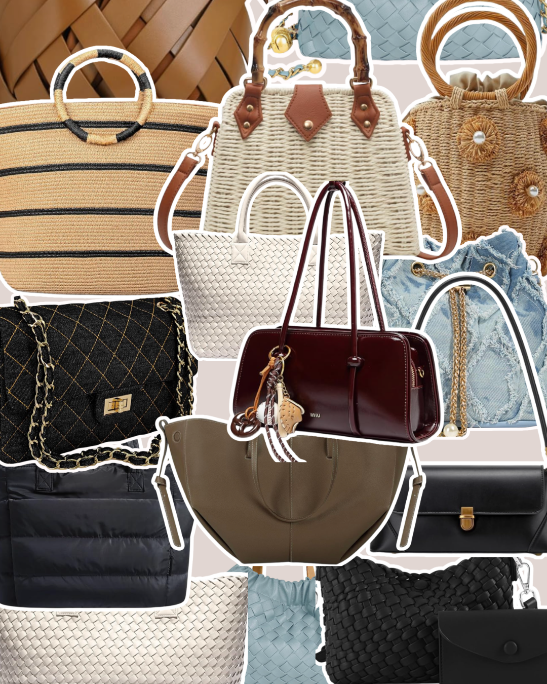 A collage of affordable summer handbags under 100 dollars, including woven straw totes, structured mini bags, and everyday neutral crossbodies.