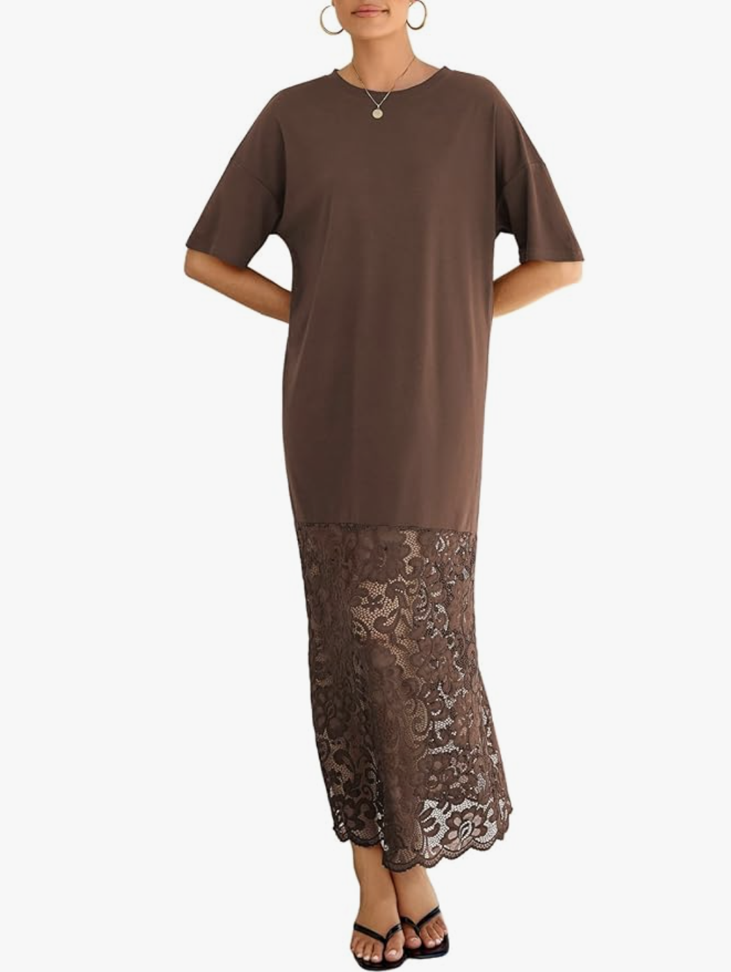 A pro-stylist recommended short sleeve lace patchwork maxi dress in a dark brown earth tone, ideal for layering with sweaters or jackets.