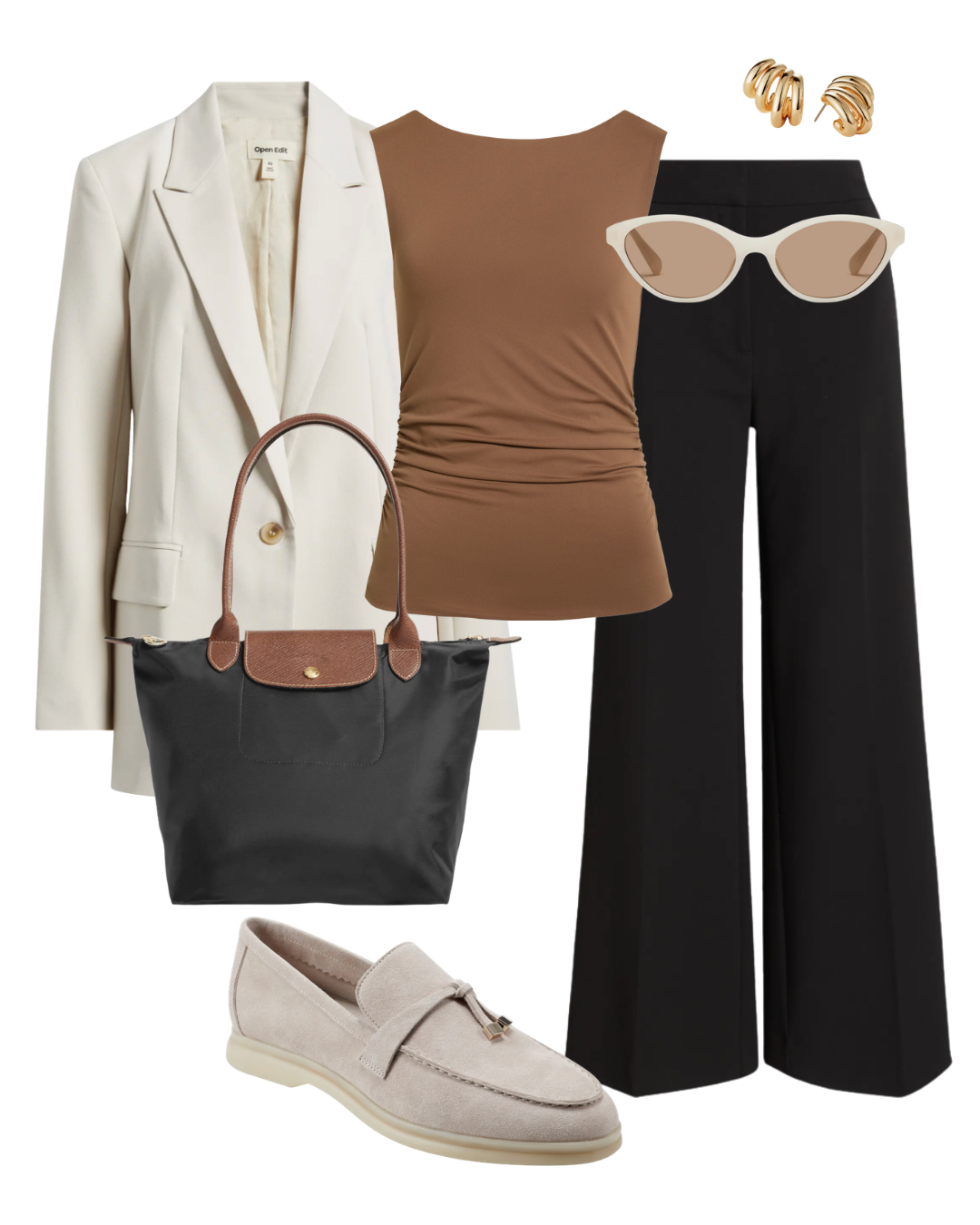 A chic, comfortable classic airport outfit formula featuring black wide-leg ponte pants, a taupe draped sleeveless top, a cream oversized blazer, neutral slip-on loafers, and a black travel tote bag.