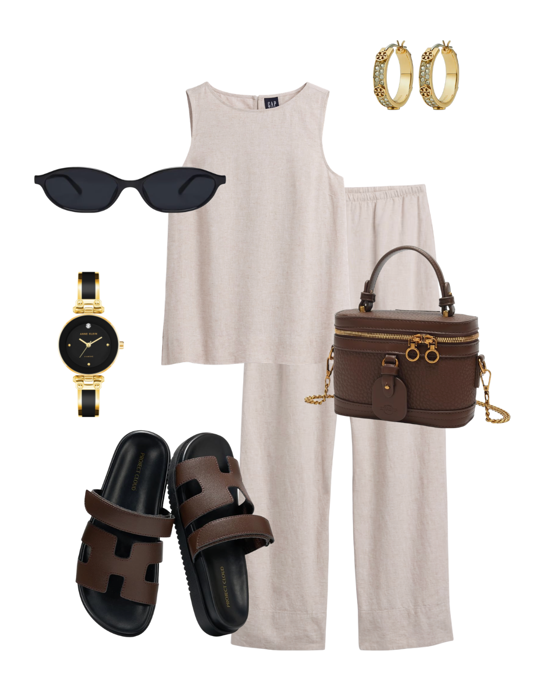 Flat lay of a Parisian summer market outfit featuring a beige linen sleeveless top and matching wide-leg trousers, brown slide sandals, a brown vanity-style crossbody bag, black sunglasses, and a black and gold watch.