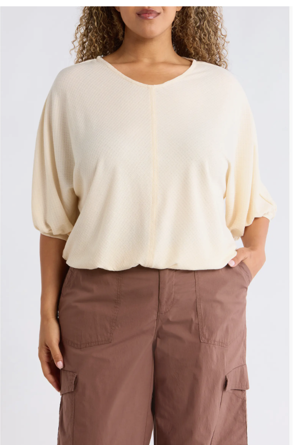 Wit & Wisdom elbow-sleeve blouson top with a V-neck and softly draped sleeves.