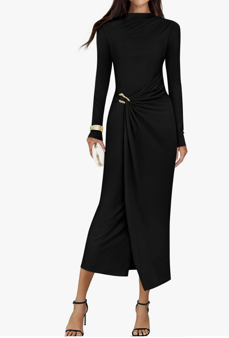 A woman wearing a long-sleeve black midi dress with a side-drape detail and gold hardware, styled as a versatile "little black dress" investment for a capsule wardrobe.