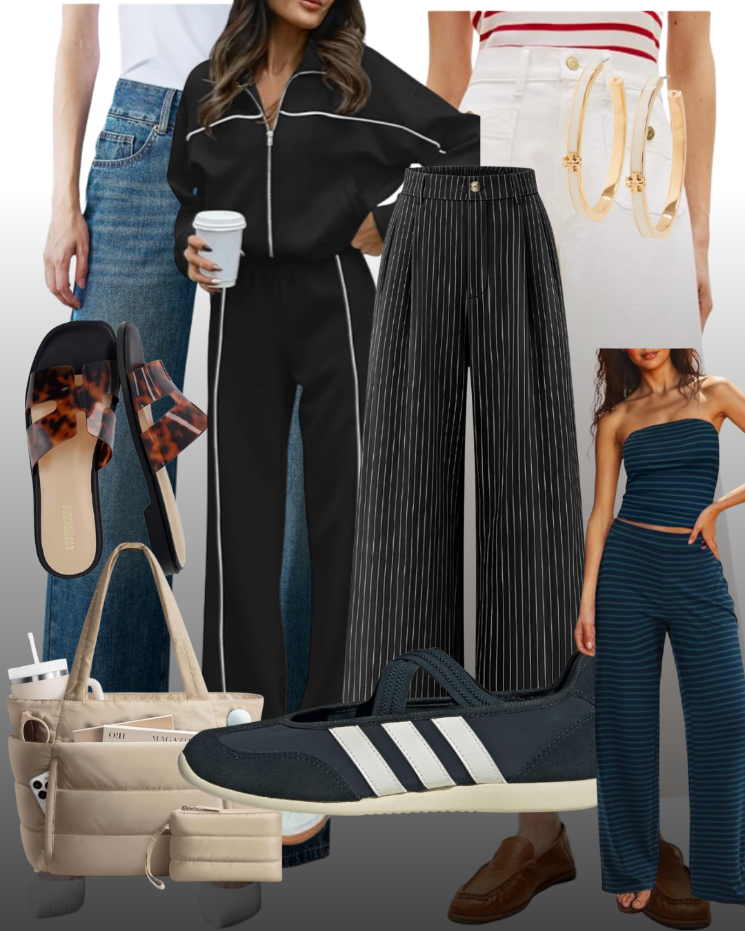 A collage of Spring 2026 Amazon fashion finds, featuring a woman in a black and white piped tracksuit holding a coffee, paired with straight-leg jeans, tortoiseshell slides, and black pleated trousers.
