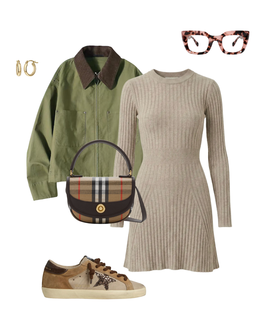 Casual fall outfit featuring a structured utility barn jacket layered over a beige fitted ribbed midi dress and sneakers.