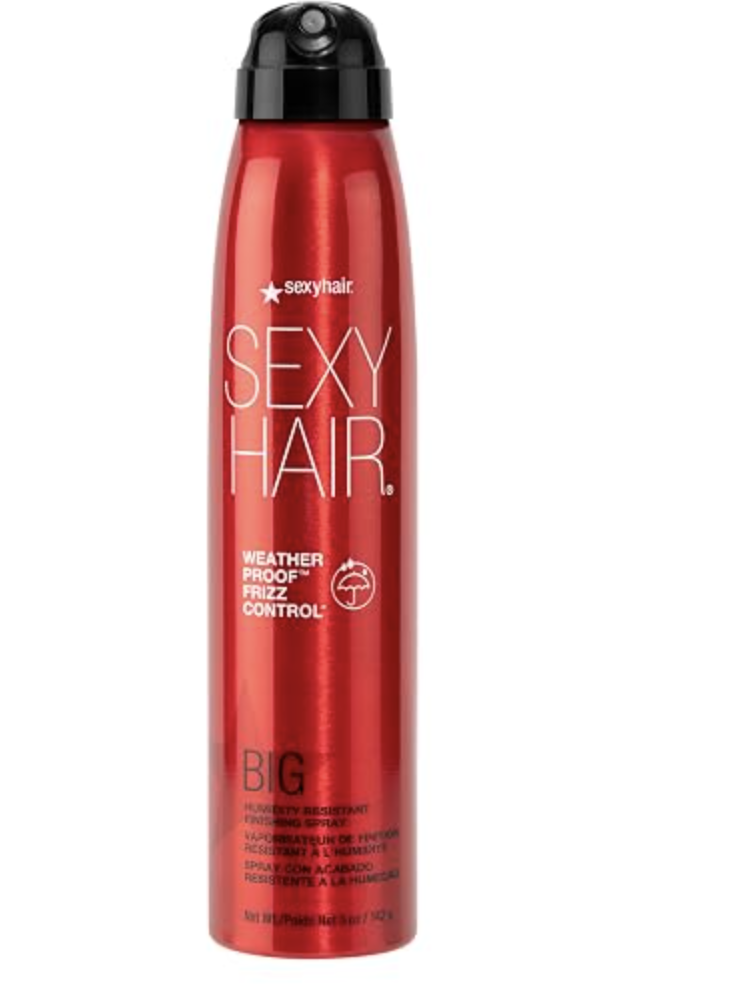 A vibrant red aerosol can of Sexy Hair Big Weather Proof Humidity Resistant Spray, designed for frizz and static control, shown against a clean background.