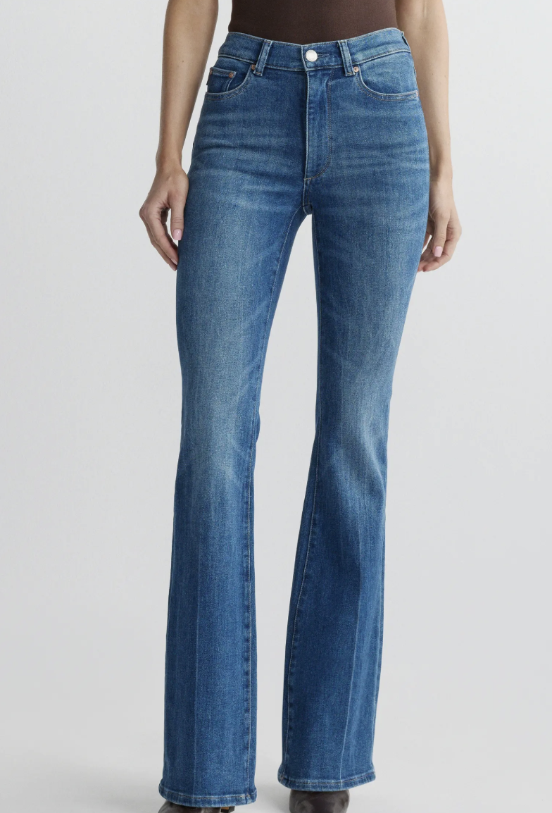 A pair of DL1961 Bridget Instasculpt high-rise bootcut jeans in a classic blue wash, featuring a contoured waistband and a flared leg opening.