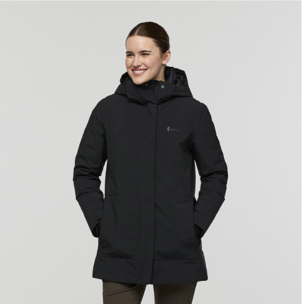 Black Cotopaxi Calidez hooded down parka for wet winter weather