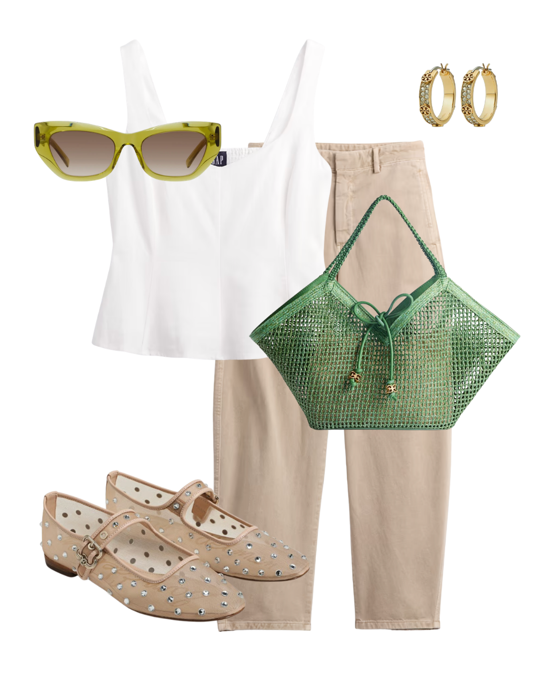 A curated flat lay of a casual spring travel outfit featuring a white rib-knit tank top, beige straight-leg trousers, an olive green woven tote bag, olive green cat-eye sunglasses, gold hoop earrings, and neutral patterned canvas sneakers.