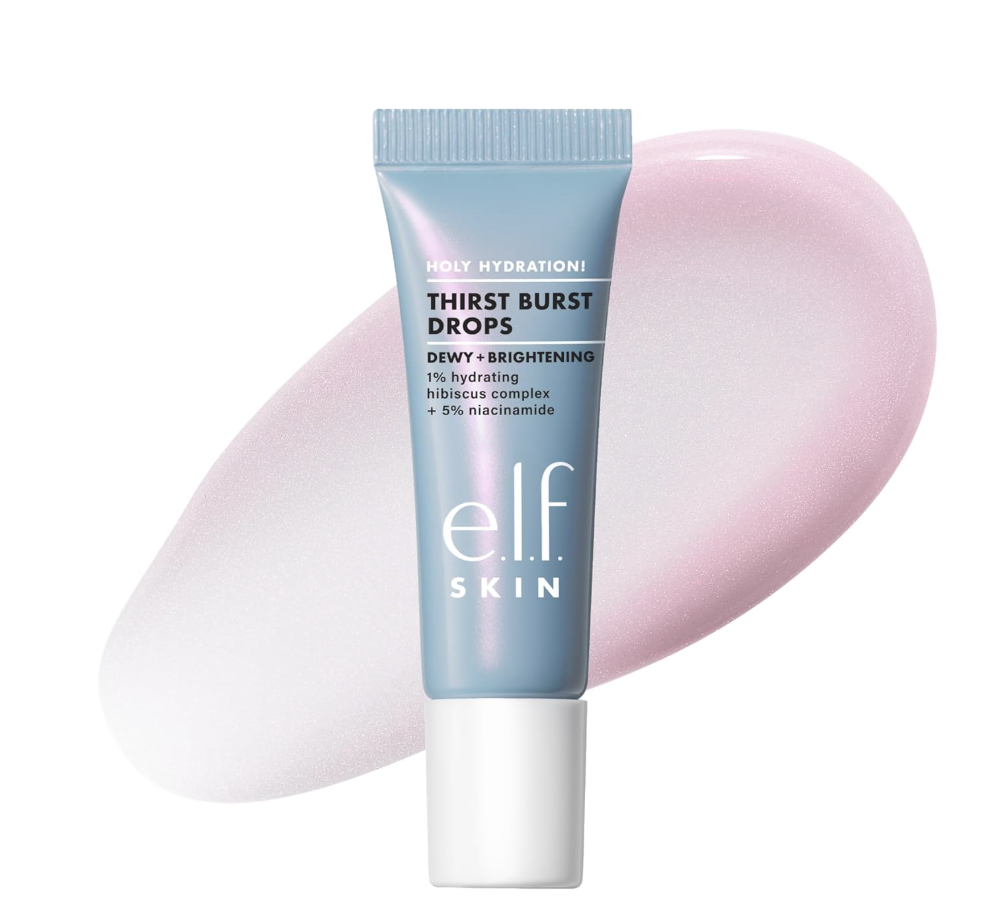 A close-up of the e.l.f. SKIN Thirst Burst Drops Mini tube next to a smooth smear of its light pink gel serum texture on a white background.