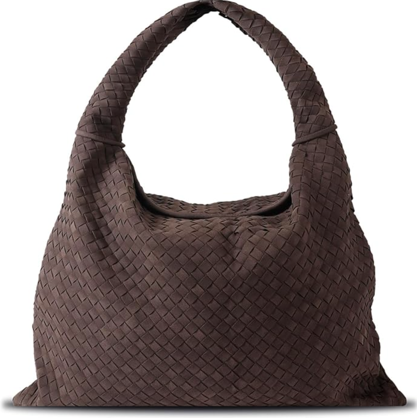 A dark brown handwoven vegan leather satchel with a structured top handle and a seamless, artisanal woven pattern.
